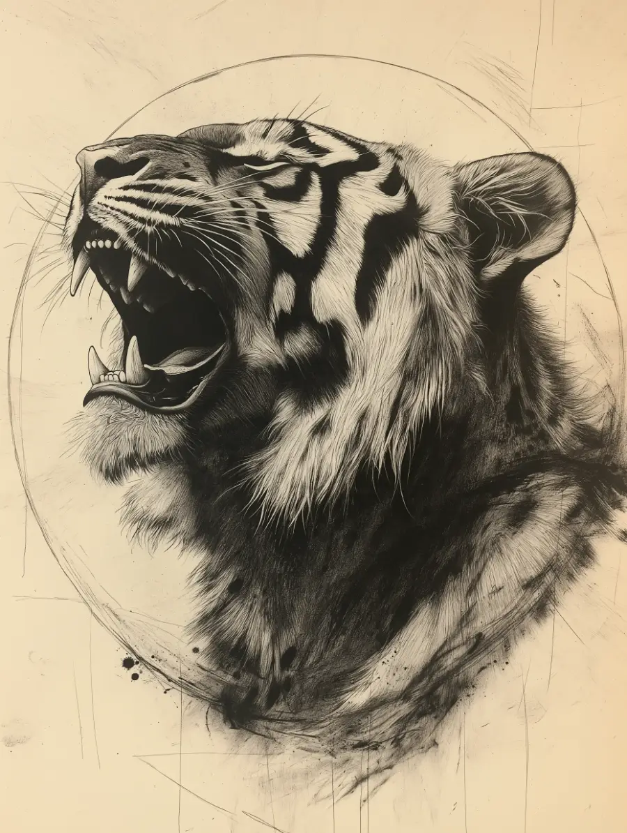 pencil sketch of tiger head roaring on yellowed paper